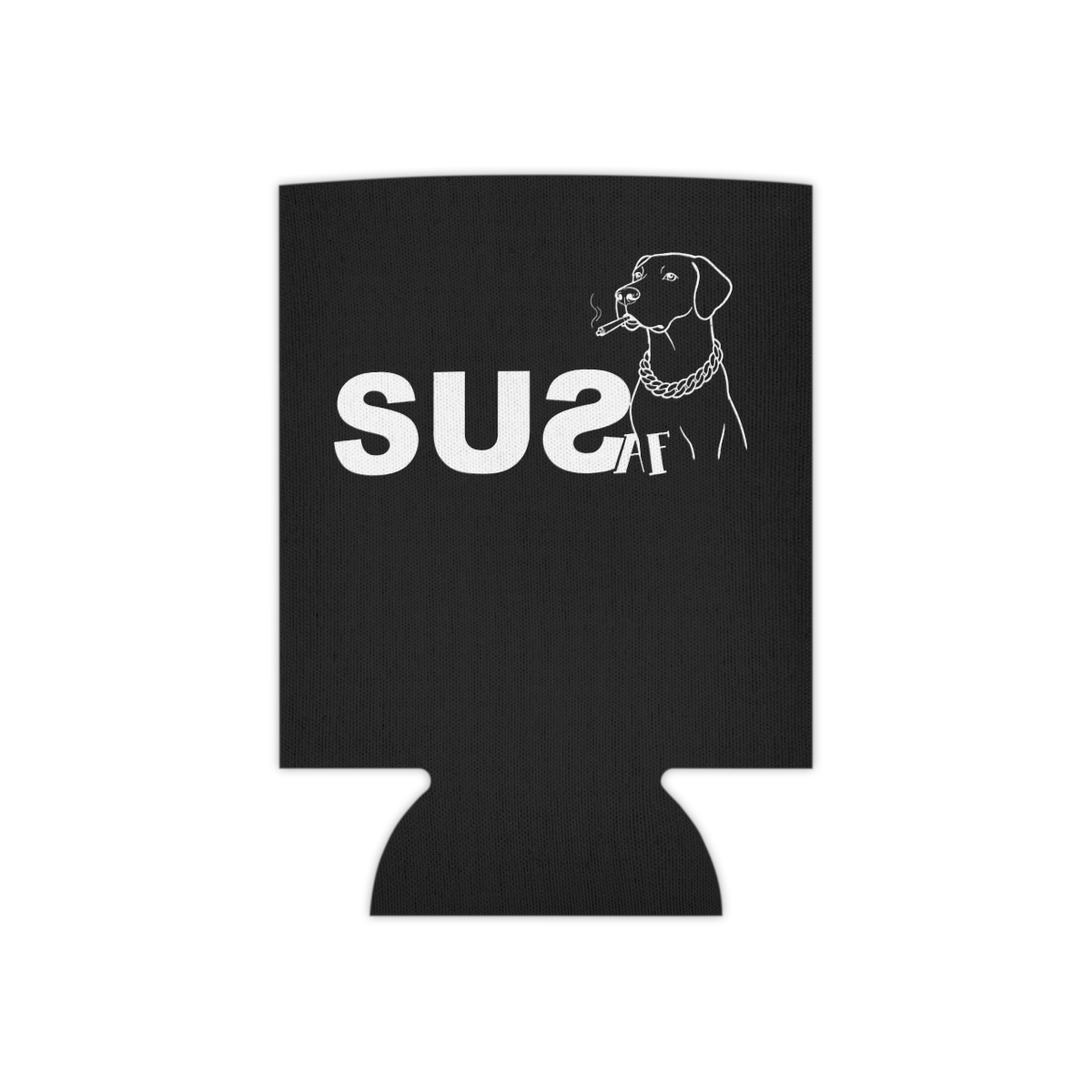 Black can koozie printed with white SUSAF artwork