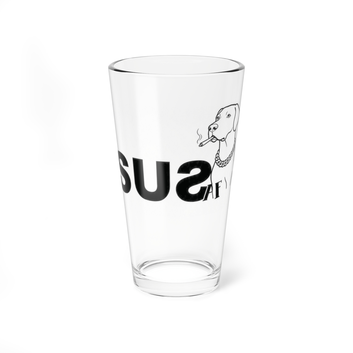 Clear pint glass printed with SUSAF artwork